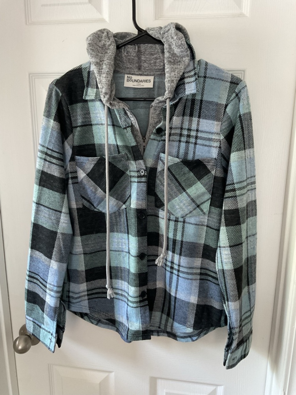 No Boundaries Plaid Hooded Jacket Shacket Blue Gray Women Large Cozy - Picture 2 of 10